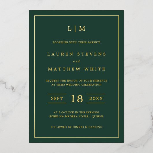 Invitation En Aluminium Monographie verte de forêt simple Mariage élégant (Recto)