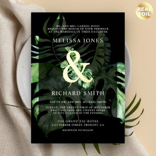 Invitation En Aluminium Monstera Tropical Palm Black Mariage Gold