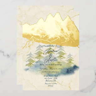 Invitation En Aluminium Montagnes d'or Contexte Arbres verts et bleus