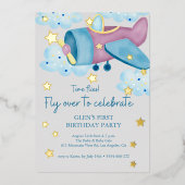 Invitation En Aluminium Montez et partez en avion violet gris avion Birthd (Recto)