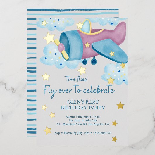 Invitation En Aluminium Montez et partez en avion violet gris avion Birthd (Recto/Verso)