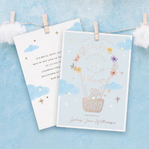 Invitation En Aluminium Montgolfière Fleurie Bleue Ours en Peluche Baby Sh