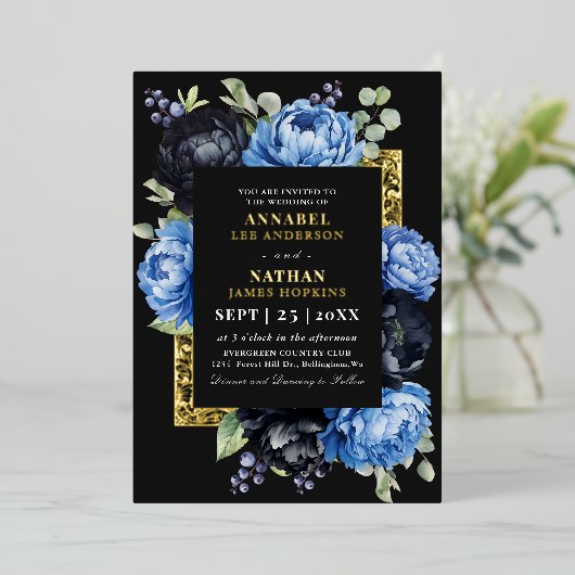 Invitation En Aluminium Moody Blue et Black Elegant Floral Mariage (Debout devant)