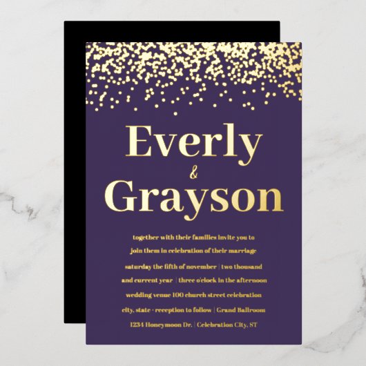 Invitation En Aluminium Moody Elegant Confetti Purple and Gold Mariage (Recto/Verso)