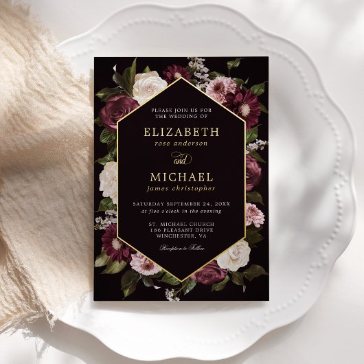 Invitation En Aluminium Moody foncé Floral Bourgogne Mariage élégant
