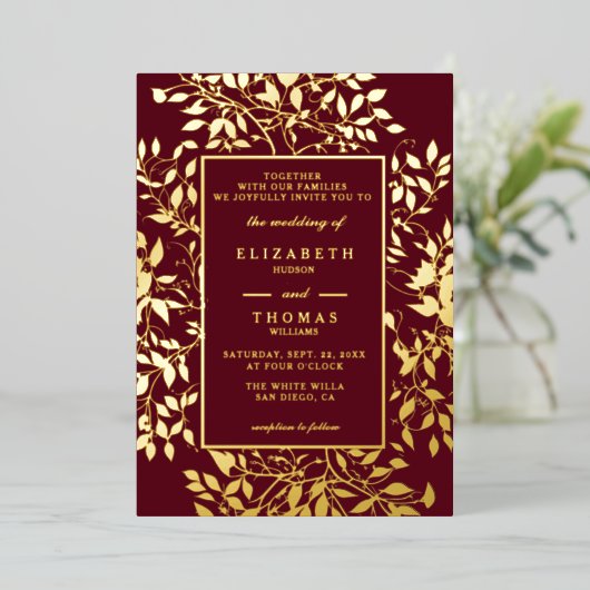 Invitation En Aluminium Moody Forest Botanical Gold Mariage classique mode (Debout devant)