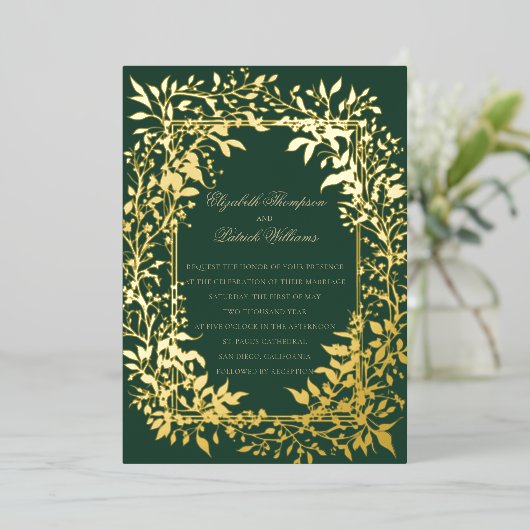 Invitation En Aluminium Moody Forest Foliage Élégant Mariage classique or (Debout devant)