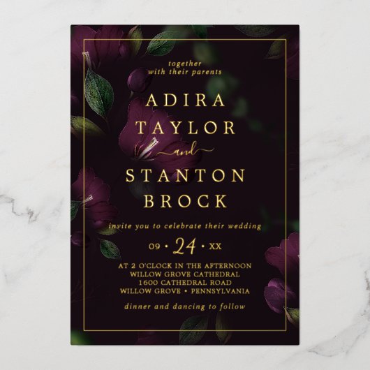 Invitation En Aluminium Moody Purple Blooms | Mariage Motif noir Foil (Recto)