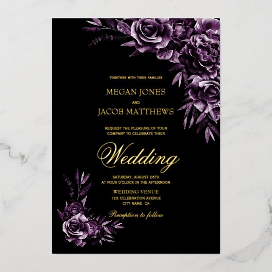 Invitation En Aluminium Moody Purple Floral Gold Mariage texte (Recto)