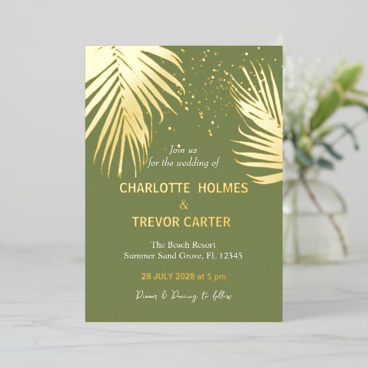 Invitation En Aluminium Moss Green Tropical Palms Summer Beach Mariage (Debout devant)