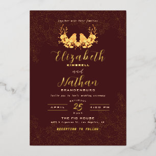 Invitation En Aluminium Motif floral oiseaux luxe Bourgogne et or