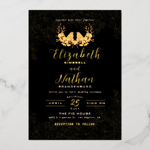 Invitation En Aluminium Motif Floral Oiseaux Noir & Or Luxe