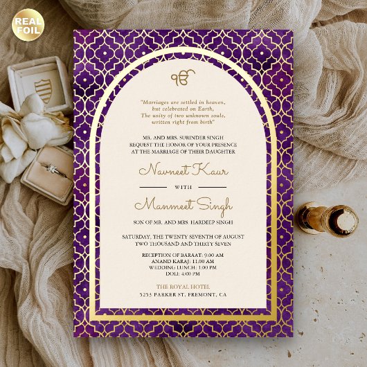 Invitation En Aluminium Motif marocain violet Sikh Arch Mariage or