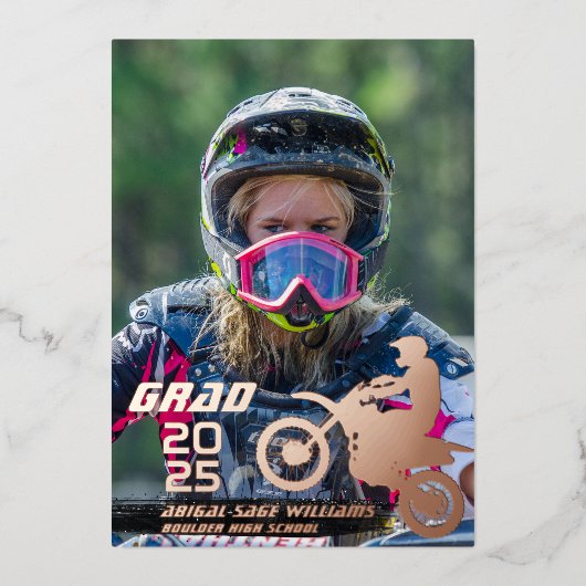 Invitation En Aluminium Motocross 2 Rose de graduation photo Gold (Recto)