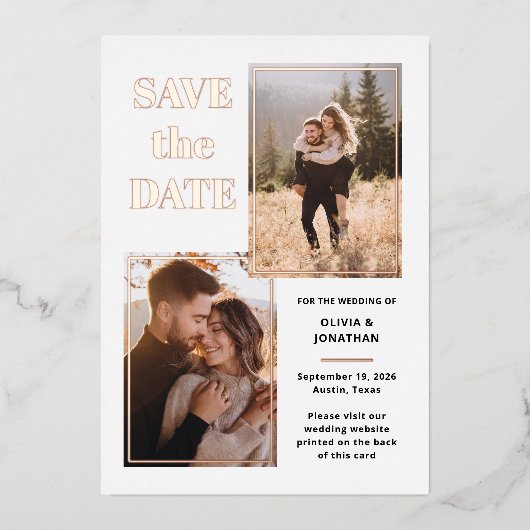 Invitation En Aluminium Multiphoto | Blanc et Rose Gold Enregistrer la dat (Recto)