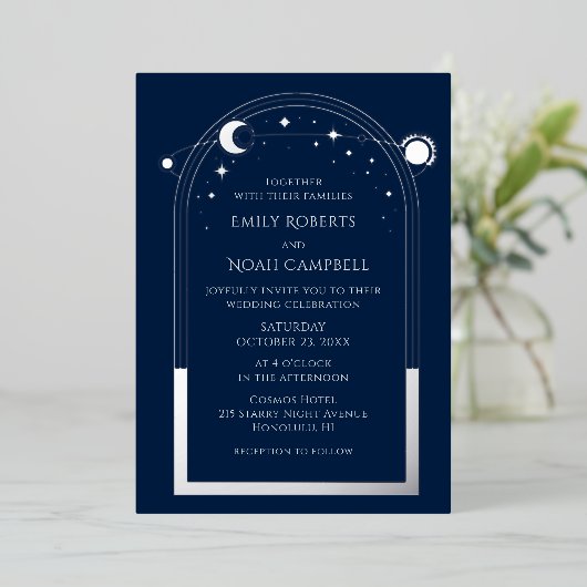 Invitation En Aluminium Mystical Blue Silver Sun Moon Stars Photo Mariage (Debout devant)