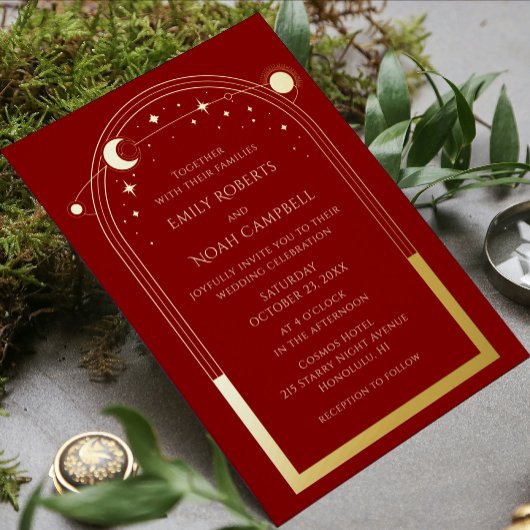 Invitation En Aluminium Mystical Dark Red Gold Sun Moon Astronomy Space