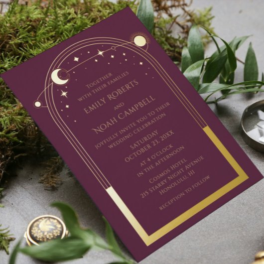 Invitation En Aluminium Mystical Plum Gold Sun Moon Stars Mariage photo
