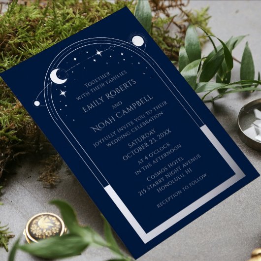 Invitation En Aluminium Mystique Bleu Argent Soleil Lune Espace Astronomiq