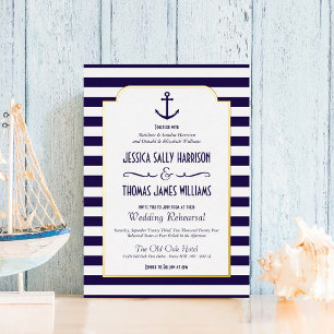 Invitation En Aluminium Nautical Navy & Mariage à l'ancre rayée blanche Ré