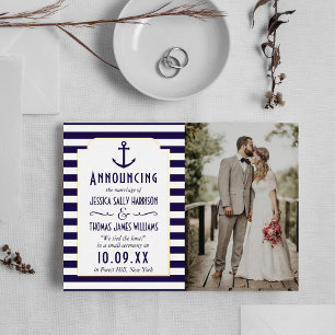 Invitation En Aluminium Nautical Navy & Rayure Blanche Ancre Photo de Mari