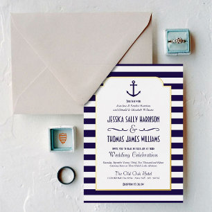Invitation En Aluminium Nautique Navy & Ancre À Rayures Blanches Mariage F