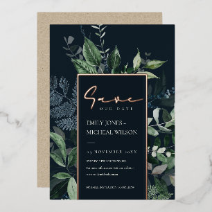 Invitation En Aluminium Navy Black Kraft Vert Feuillage Faune Enregistrer