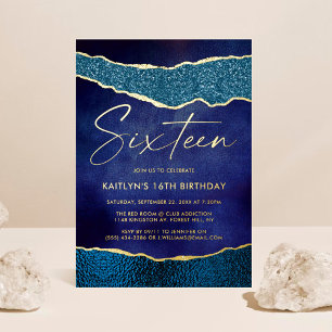 Invitation En Aluminium Navy Bleu Élégant Agate Géodique Anniversaire 16 A