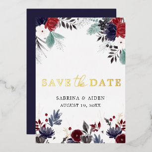 Invitation En Aluminium Navy Blue Burgundy Fleurs Mariage Save The Date