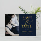 Invitation En Aluminium Navy Blue Fancy Trendy Photo Real Metallic (Debout devant)