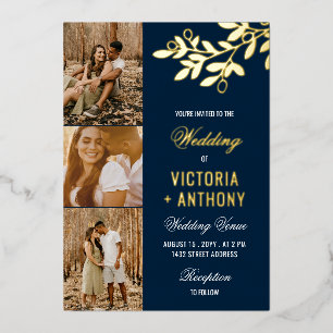Invitation En Aluminium Navy Blue Gold Berry Twig 3 Photos Mariage