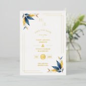 Invitation En Aluminium Navy Blue & Golden Botanical Leaves Corner Photo (Debout devant)