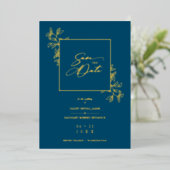 Invitation En Aluminium Navy Blue Golden Branches Frame Photo (Debout devant)