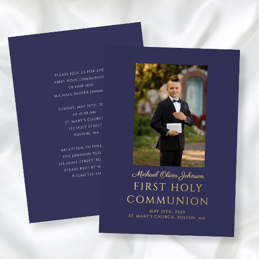 Invitation En Aluminium Navy Blue Script Photo Boy First Holy Communion