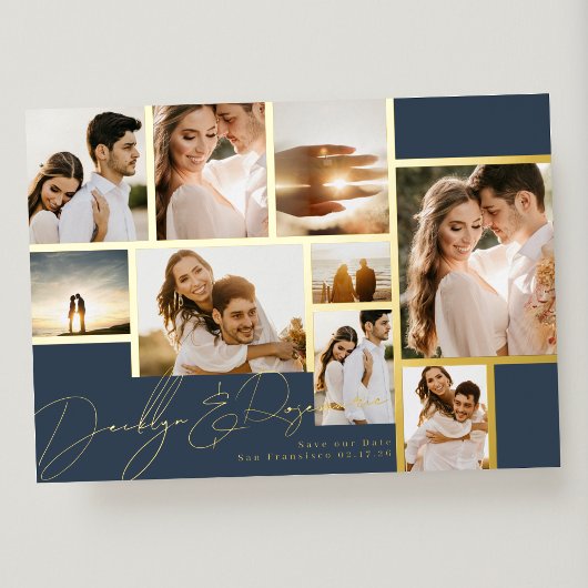 Invitation En Aluminium Navy Collage Multi Photo Enregistrer La Date Gold