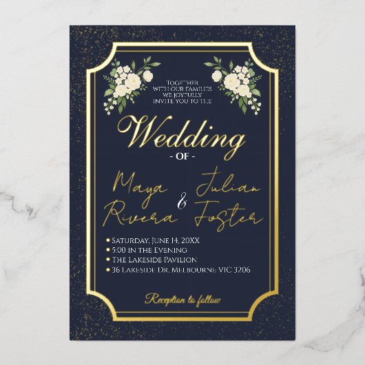 Invitation En Aluminium Navy Gold Glitter White Floral Photo Wedding (Recto)