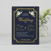 Invitation En Aluminium Navy Gold Glitter White Floral Photo Wedding (Debout devant)