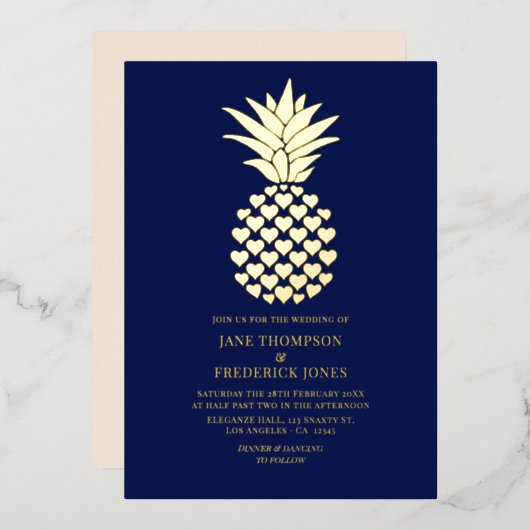 Invitation En Aluminium Navy & Gold Tropical Pineapple Wedding (Recto/Verso)