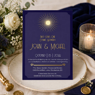 Invitation En Aluminium Navy Or Art Déco Élégant Mariage Cosmique