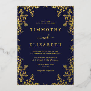 Invitation En Aluminium Navy Or Élégant Floral Mariage Feuille D'Or