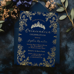 Invitation En Aluminium Navy Or Élégant Vintage Robe de Quinceanera