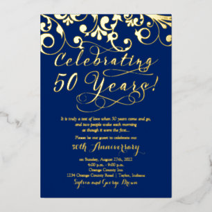 Invitation En Aluminium Navy Real Gold 50e Anniversaire de Mariage