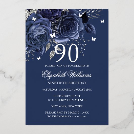Invitation En Aluminium Navy Silver Rose Butterfly 90th Birthday  (Recto)