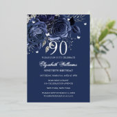 Invitation En Aluminium Navy Silver Rose Butterfly 90th Birthday  (Debout devant)