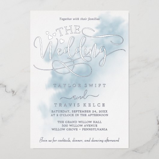Invitation En Aluminium Nettoyage aquarelle | Mariage à huile bleu et arge (Recto)