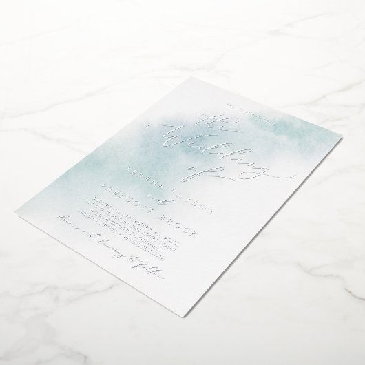 Invitation En Aluminium Nettoyage aquarelle | Mariage à huile bleu et arge (Rotation)