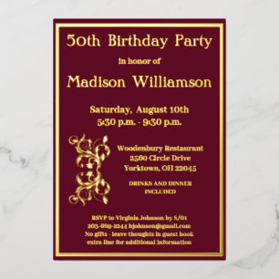 Invitation En Aluminium N'importe quel âge Anniversaire Rouge VRAI Or
