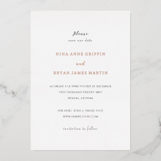 Invitation En Aluminium Nina Simple mariage élégant Enregistrer la date (Recto)