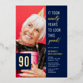 Invitation En Aluminium Ninety Photo Blue & Gold 90th Birthday Party Real (Recto)