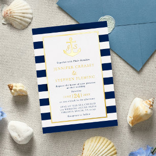 Invitation En Aluminium Noces d'ancre à rayures marines bleu marine et feu